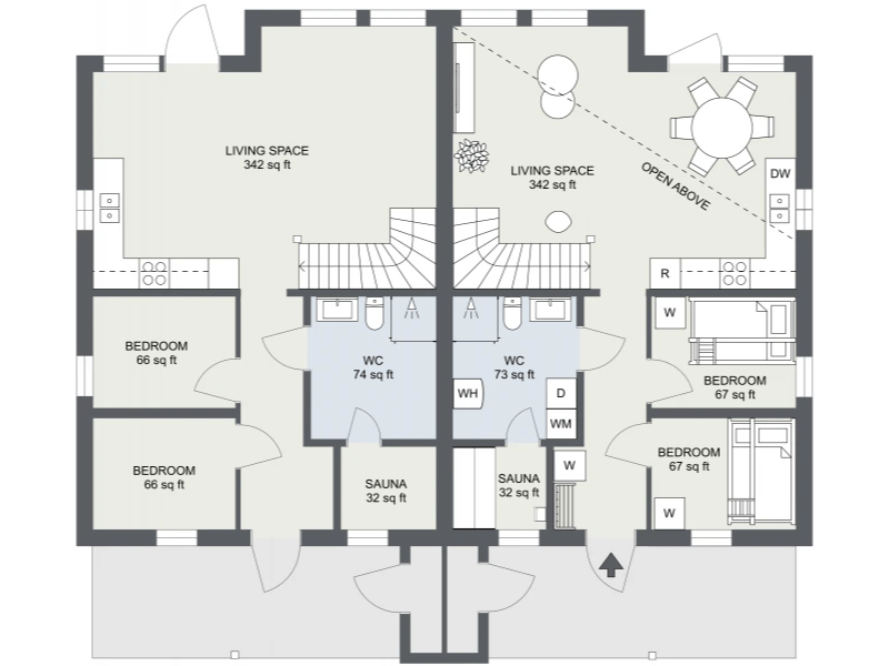 Professional 2D floor plan with two living spaces, four bedrooms, two WCs, two saunas, and central stairs.