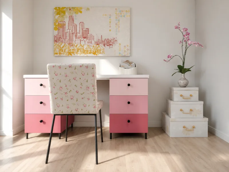 Bright feminine home office with a pink ombré desk, floral upholstered chair, stacked storage boxes, orchid, and colorful cityscape wall art.