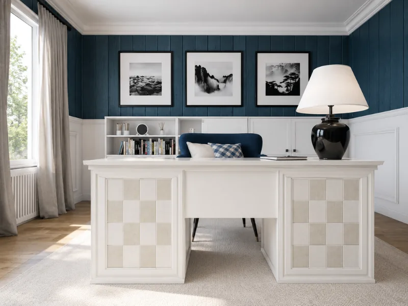 Elegant home office with a large white executive desk, navy paneled walls, framed black-and-white artwork, built-in bookshelves, and a black table lamp.