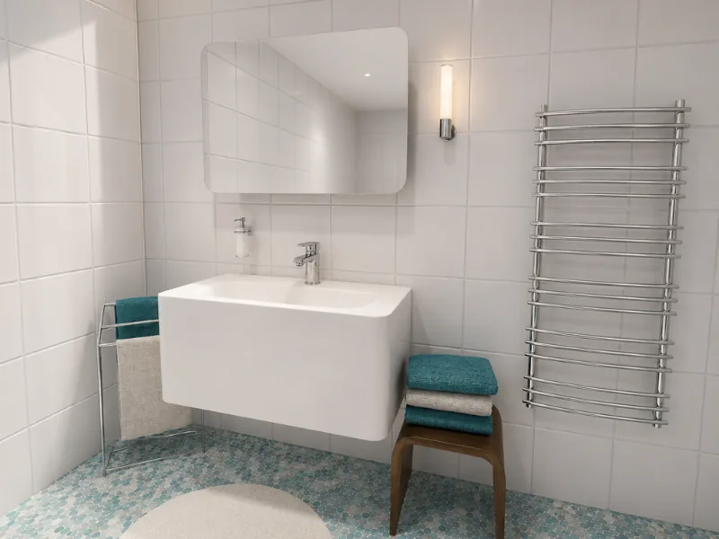 Minimalist white bathroom with a floating rectangular sink, rounded mirror, wall sconce, chrome heated towel rail, teal towels, and mosaic floor tiles.