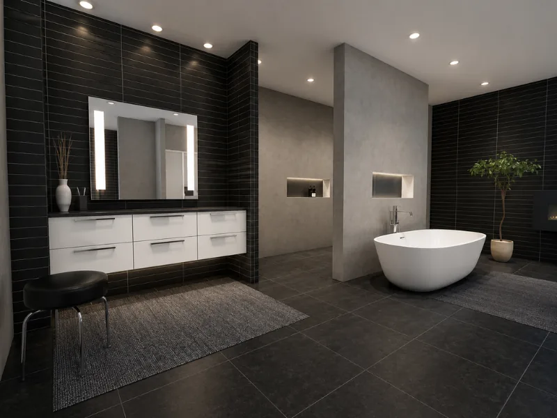 Spacious modern bathroom with black tiled walls, a floating white vanity, illuminated mirror, freestanding tub, recessed wall niches, gray partitions, and dark floor tiles.
