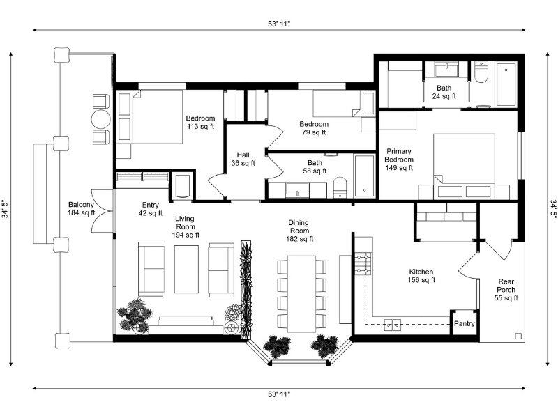 2D floor plan of a 3-bedroom house measuring 53'11" by 34'5". The layout includes a primary bedroom with an ensuite bath, two additional bedrooms, two bathrooms, an open living and dining area, a kitchen with a pantry, and both a rear porch and a large balcony.