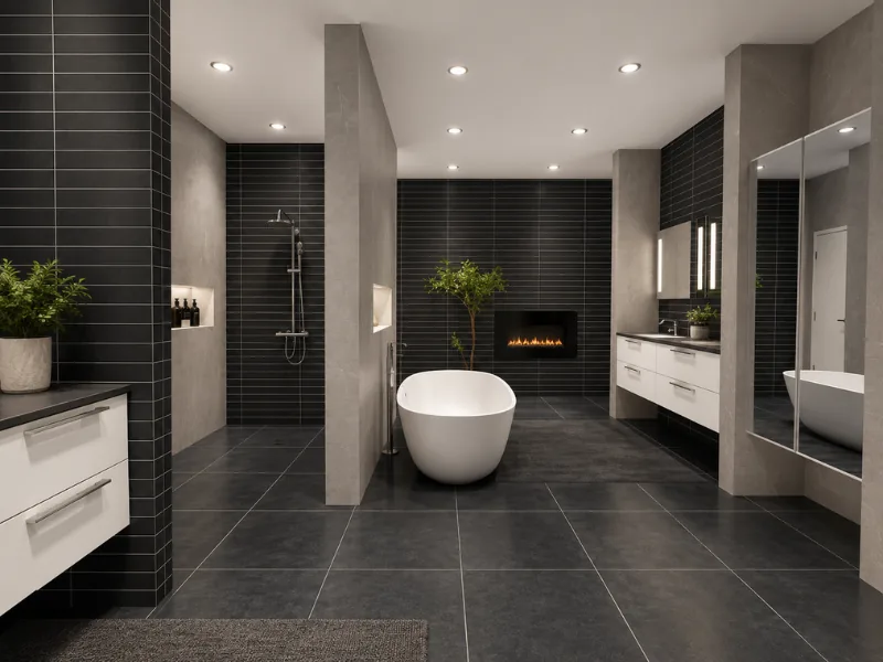 Spacious luxury bathroom with black tiled walls, a white freestanding tub, walk-in shower, floating vanities, concrete partitions, recessed lighting, and a built-in fireplace.