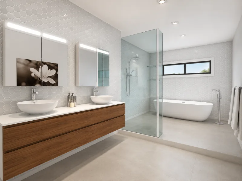 Bright modern bathroom with a floating wood double vanity, vessel sinks, hexagon wall tiles, glass walk-in shower, freestanding tub, and black-framed window.