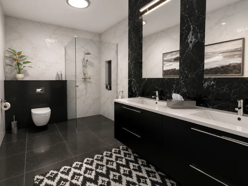 Contemporary black-and-white bathroom with a double vanity, marble-look walls, walk-in shower, wall-mounted toilet, patterned rug, and sleek chrome fixtures.