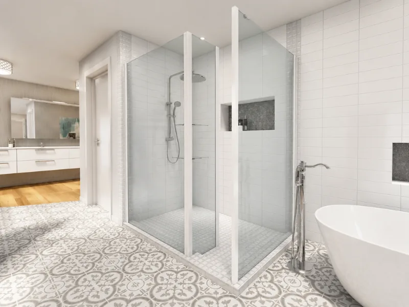 Bright modern bathroom with a glass-enclosed walk-in shower, white tiled walls, patterned floor tiles, recessed niches, freestanding tub, and chrome fixtures.