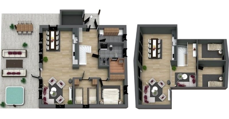 3D floor plan of a modern two-story house. The first floor includes an open living area, kitchen, dining space, and three bedrooms.