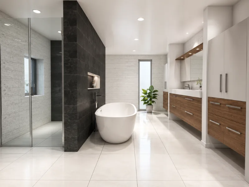 Spacious modern bathroom with a white freestanding tub, glass walk-in shower, black tiled partition, floating wood vanity, tall storage cabinets, and large-format floor tiles.