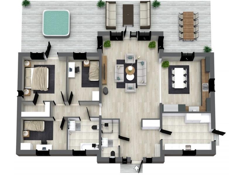 3D floor plan of a single-story house with three bedrooms, one bathroom, an open living and dining area, and a kitchen. The design features light wood flooring and large outdoor deck spaces with lounge seating, a dining table, and a hot tub.