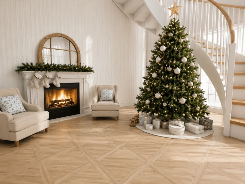 Elegant Christmas living room with a decorated tree, wrapped gifts, glowing fireplace, hanging stockings, neutral armchairs, and a curved staircase.