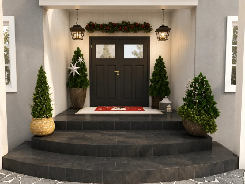 Festive front entrance with black double doors, red-and-green Christmas garland, hanging lanterns, potted topiary trees, star decorations, and a holiday doormat.