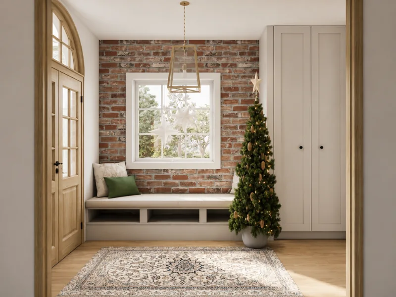 Bright entryway with a slim decorated Christmas tree, exposed brick accent wall, built-in window bench, tall storage cabinets, wood door, and patterned area rug.