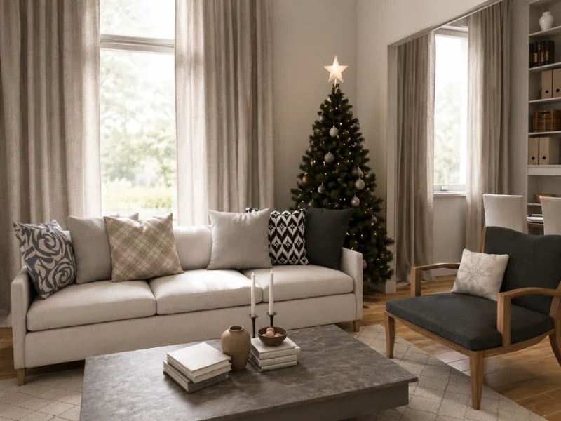 Cozy neutral living room with a decorated Christmas tree, light sofa, dark accent chair, large windows, built-in shelving, and a modern coffee table.