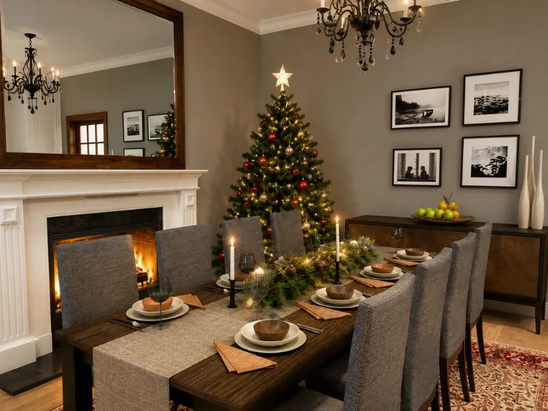 Elegant Christmas dining room with a decorated tree, glowing fireplace, chandelier, framed wall art, and a holiday table set with candles and greenery.
