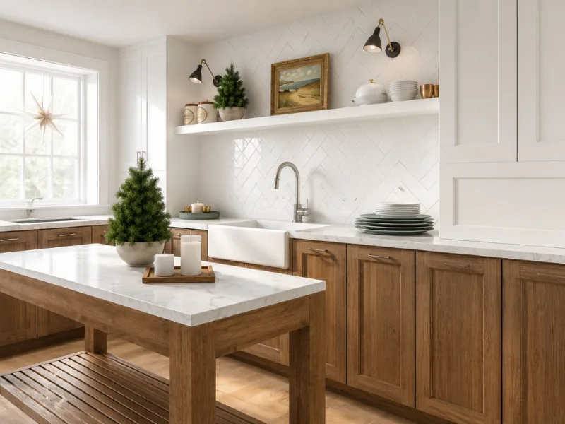 Bright farmhouse kitchen decorated for Christmas with small evergreen trees, rustic wood cabinets, a marble-topped island, farmhouse sink, open shelf, and white herringbone tiles.