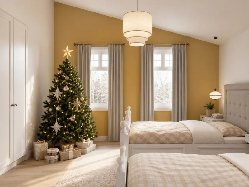 Bright twin bedroom decorated for Christmas with a lit evergreen tree, wrapped gifts, white beds, mustard accent wall, tall windows, and neutral curtains.