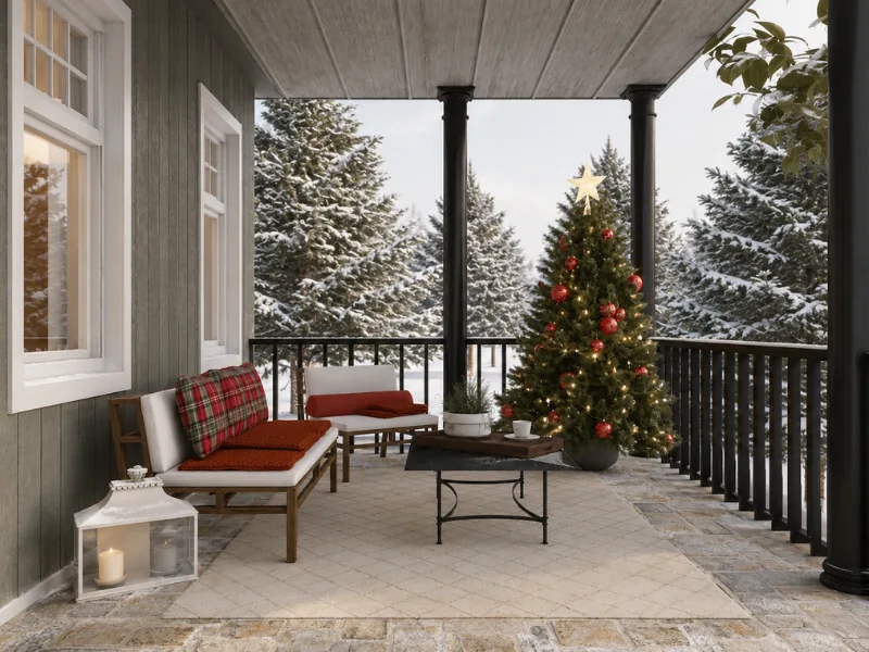 Cozy covered porch decorated for Christmas with a lit tree, red ornaments, plaid cushions, lanterns, outdoor seating, and snow-covered evergreens.