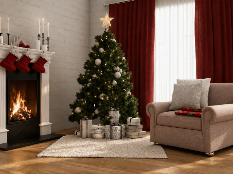 Cozy Christmas living room with a glowing fireplace, decorated tree, wrapped gifts, red stockings, tall red curtains, and a cushioned armchair.
