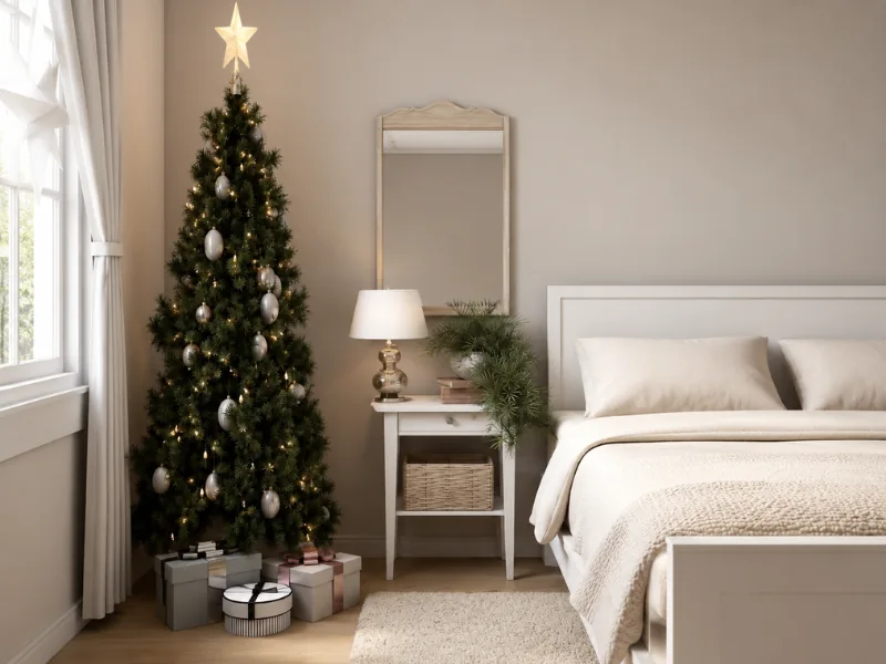 Serene neutral bedroom decorated for Christmas with a slim lit tree, silver ornaments, wrapped gifts, white bedding, bedside table, and a large window.