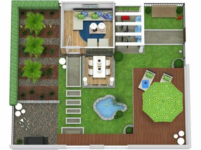Top-down 3D floor plan of a landscaped backyard with various outdoor zones. The layout includes a central lawn with a stepping stone path and a decorative pond, a large wooden deck with lounge chairs and a green umbrella-covered table, a dining area with a long table, and a side garden with trees and flowerbeds. The plan also shows a small interior room opening to the yard, a gravel patio with seating, and a fenced utility area with storage and a play space.