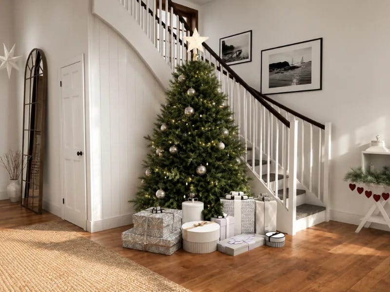 Bright Christmas entryway with a decorated tree beside the staircase, silver ornaments, wrapped gifts, framed black-and-white artwork, and warm wood flooring.