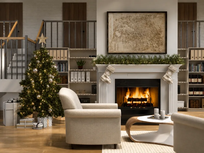Cozy Christmas living room with a decorated tree, glowing fireplace, hanging stockings, built-in bookshelves, neutral armchairs, and a modern coffee table.