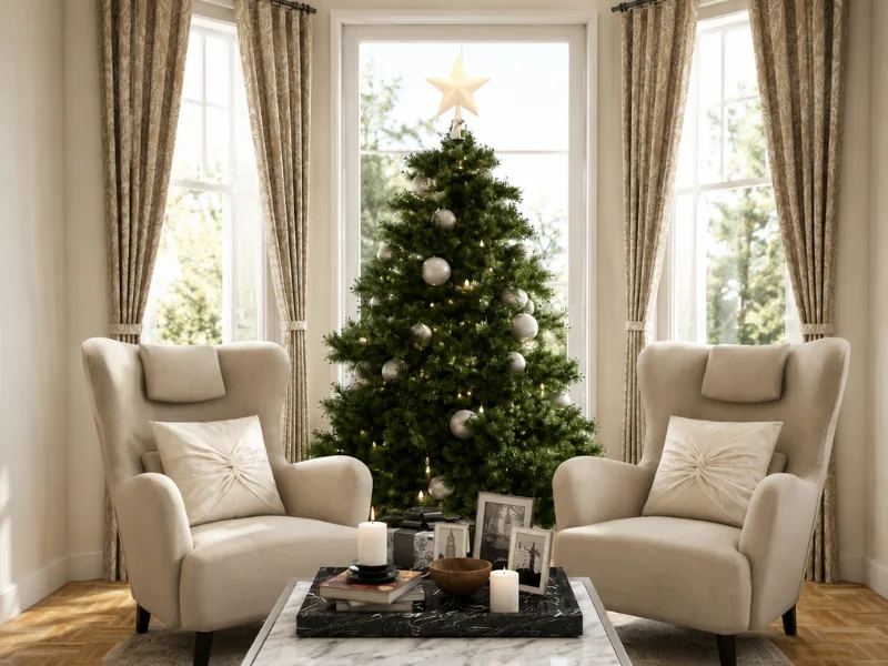 Elegant Christmas sitting area with a decorated tree centered between two cream wingback chairs, tall curtained windows, candles, framed photos, and a marble coffee table.