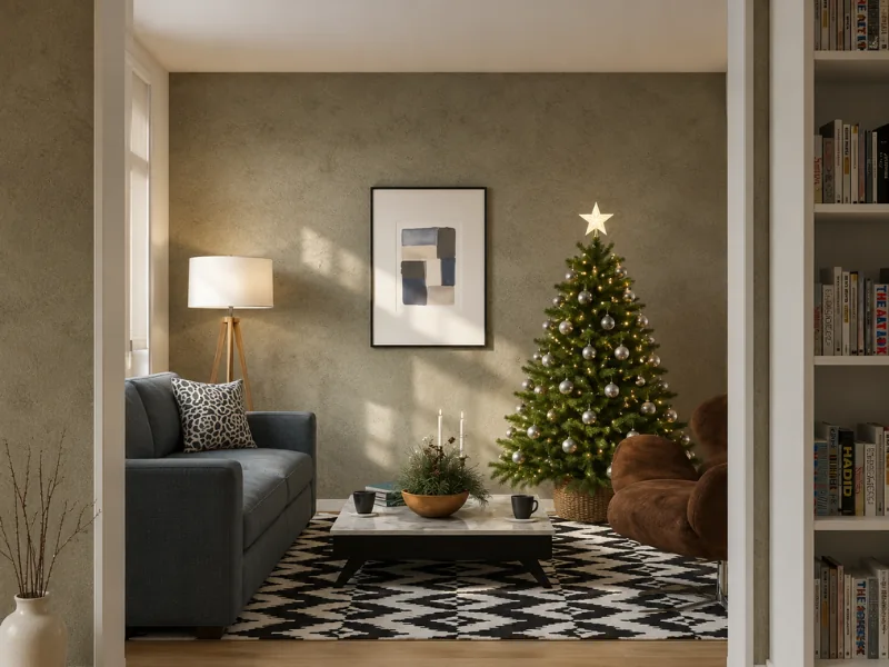 Cozy modern living room with a decorated Christmas tree, gray sofa, brown lounge chair, black-and-white patterned rug, built-in bookshelves, and a low coffee table.
