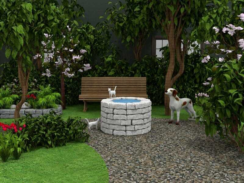 3D rendering of a peaceful garden scene with a pebble pathway, lush greenery, blooming flowers, and mature trees. At the center is a circular stone water fountain with a small cat perched on top and another cat walking nearby. A wooden bench sits in the background, and a white and brown dog stands to the right, adding life to the serene setting.