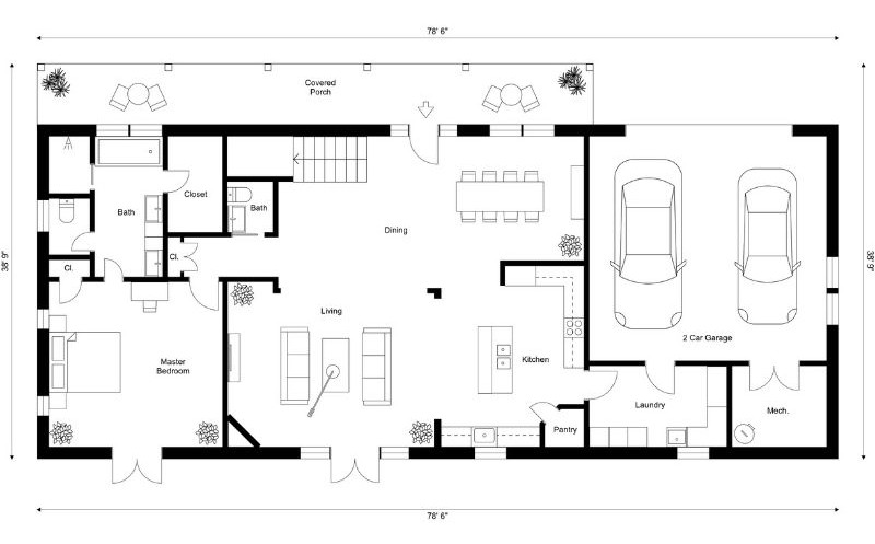 Black-and-white 2D floor plan of a single-story home with a master bedroom and bath, open living and dining area, large kitchen with island, pantry, laundry room, mechanical room, and an attached two-car garage.