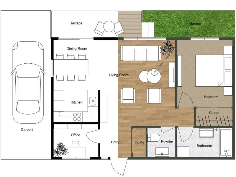 Split-style 2D floor plan of a one-bedroom home, with the right side in full color showing wood floors and garden, and the left side in black-and-white outline.