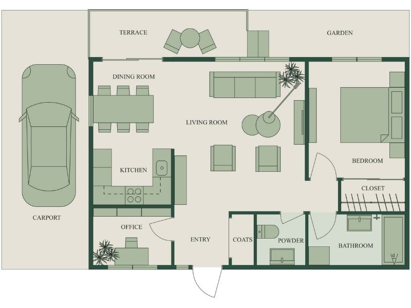Green 2D one-bedroom floor plan with open living and dining area, kitchen, office, terrace, garden, and carport.