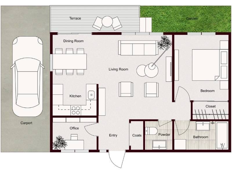 Colored 2D floor plan with red structural outlines showing a single-bedroom home featuring carport, entry, office, kitchen, dining room, living room, terrace, green garden, bedroom with closet, powder room, and bathroom with wood-textured flooring.