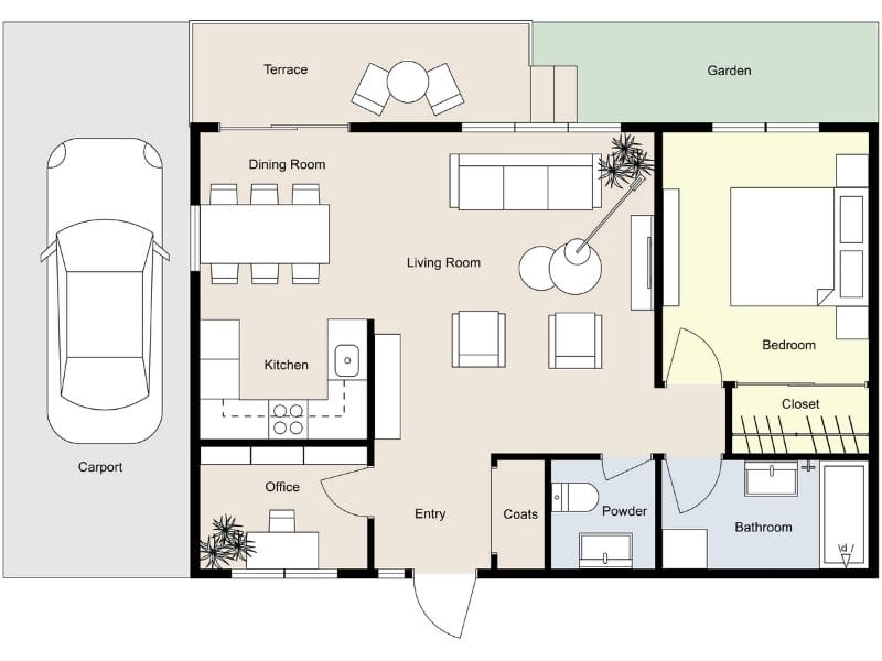 Top-down color 2D floor plan of a one-bedroom home featuring carport, office, kitchen, dining and living room, terrace, garden, closet, and two bathrooms.