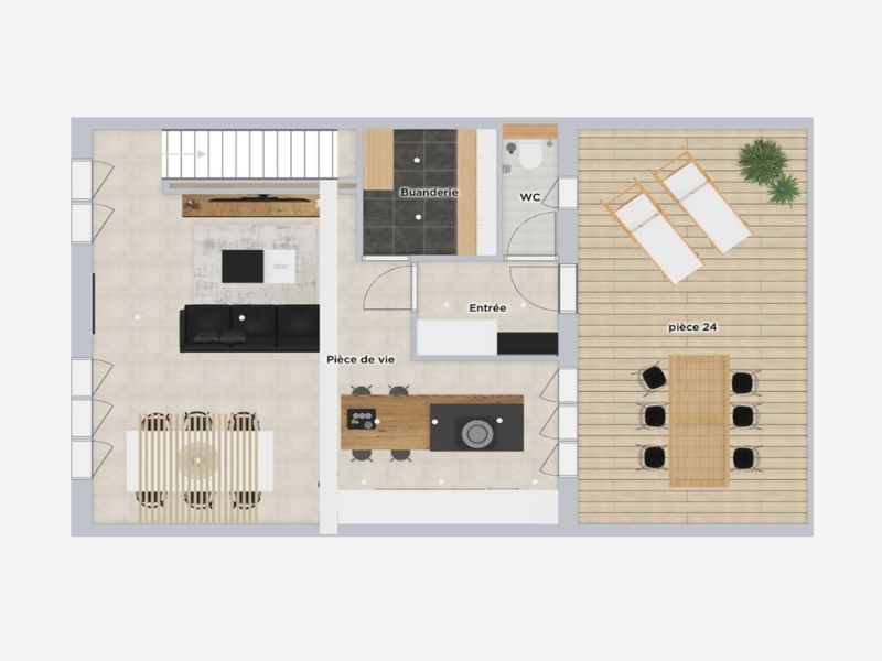 HomeByMe 2D floor plan of a first floor of a house. The floor plan includes a dining/living area, a kitchen, WC, and an outdoor area.