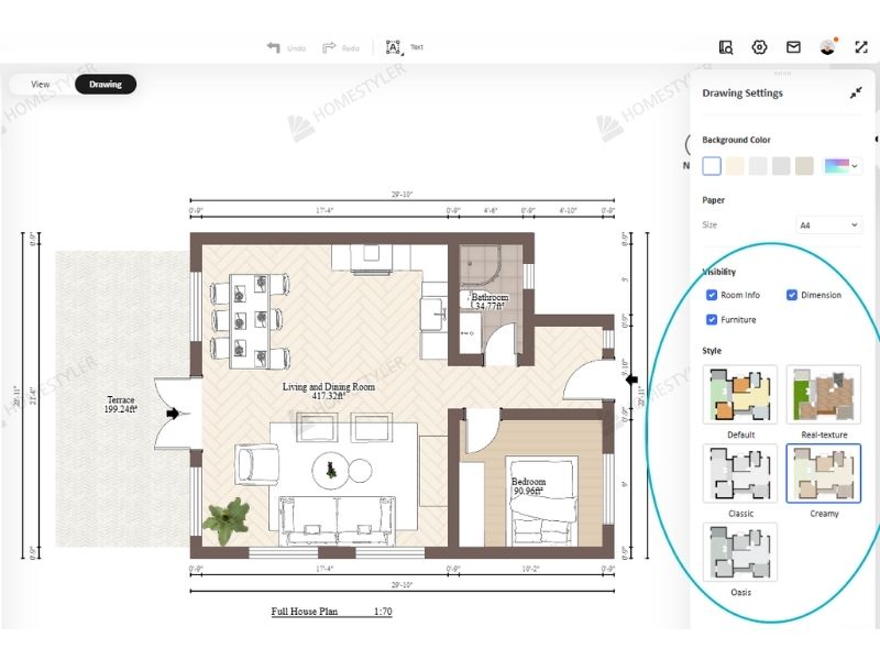 Homestyler 2D floor plan of a one-bedroom apartment. The floor plan includes a combined dining/living/kitchen area, there is one bedroom and one bathroom.