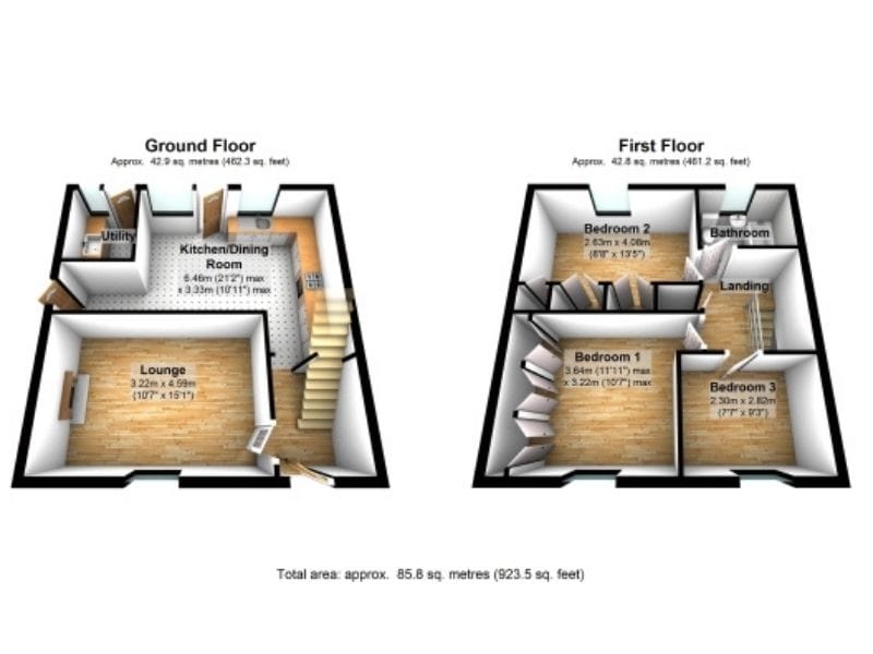 PlanUp 3D floor plan of a two-story house. There's a lounge, utility and kitchen area on the entrance floor, a staircase leads up to the next floor where three bedrooms and one bathroom are located.