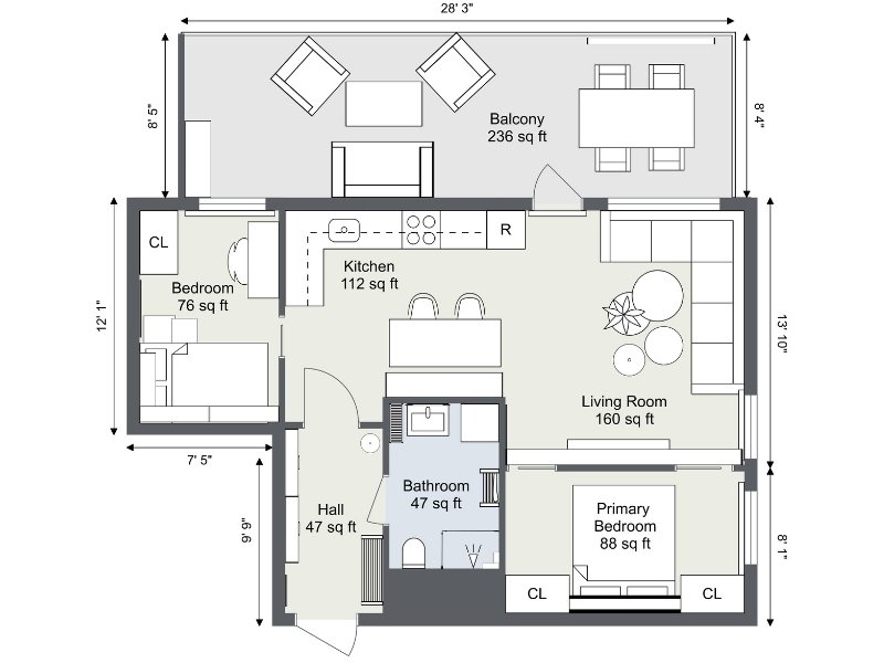 Two-bedroom apartment floor plan with a large balcony. Layout includes a primary bedroom with two closets, a smaller bedroom, one bathroom, a kitchen with dining area, and a spacious living room. The balcony has seating and a dining set, extending the living space outdoors.