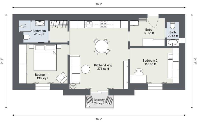 Two-bedroom apartment floor plan with an open kitchen and living area, a primary bedroom, a guest room, two bathrooms, and a small balcony.