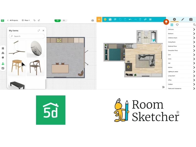 Planner 5D vs RoomSketcher user interface. The image shows a comparison between the two floor plan software tools' user interface. On the left side of the image is a screenshot of the Planner 5D user interface. Below is the Planner 5D logo. On the right side is a screenshot of the RoomSketcher user interface. Below is the RoomSketcher logo.