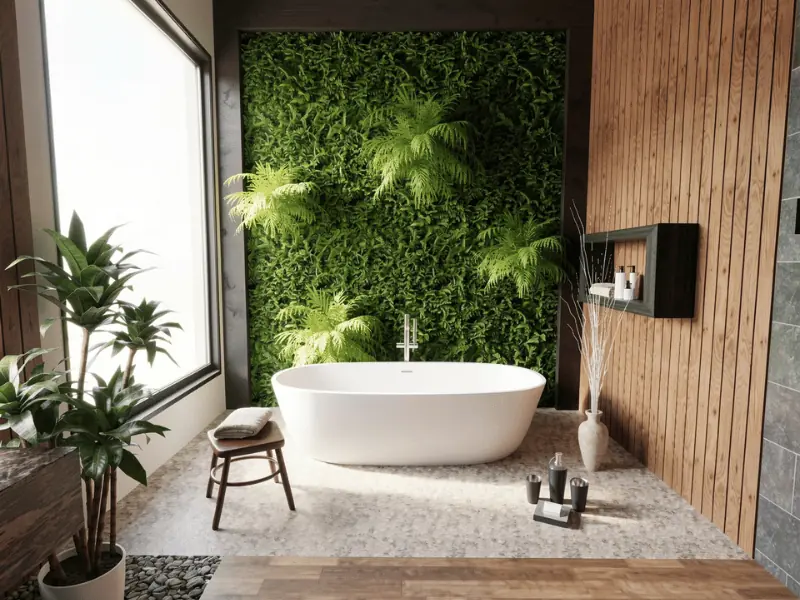 Bathroom remodel design with freestanding tub, wood-paneled wall, large window, and green plant feature wall.