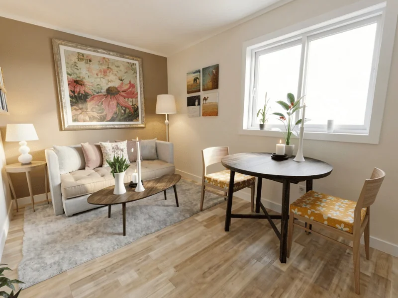 Small living and dining room design with sofa seating, round dining table, soft neutral colors, and natural light.