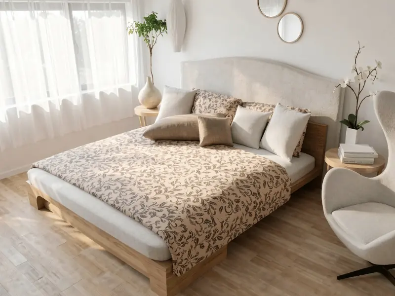 Bedroom remodel design with wood bed frame, soft neutral bedding, round side tables, and natural light.