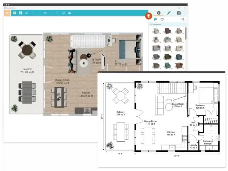 The RoomSketcher app interface with a 2D color floor plan on the screen, including furniture layout and labeled rooms. In front, a black-and-white version of the same floor plan highlights room dimensions and square footage. The app interface includes a toolbar, a 3D button, and a furniture selection panel on the right.