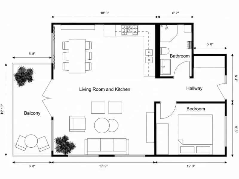 Black and white 2D floor plan of a one-bedroom apartment with labeled rooms and dimensions. The layout includes a combined living room and kitchen area, a bathroom, a hallway, and a bedroom. The living space opens onto a balcony furnished with outdoor seating. Furniture placement is illustrated for each room, including a sofa set, dining table, kitchen appliances, and bedroom layout.