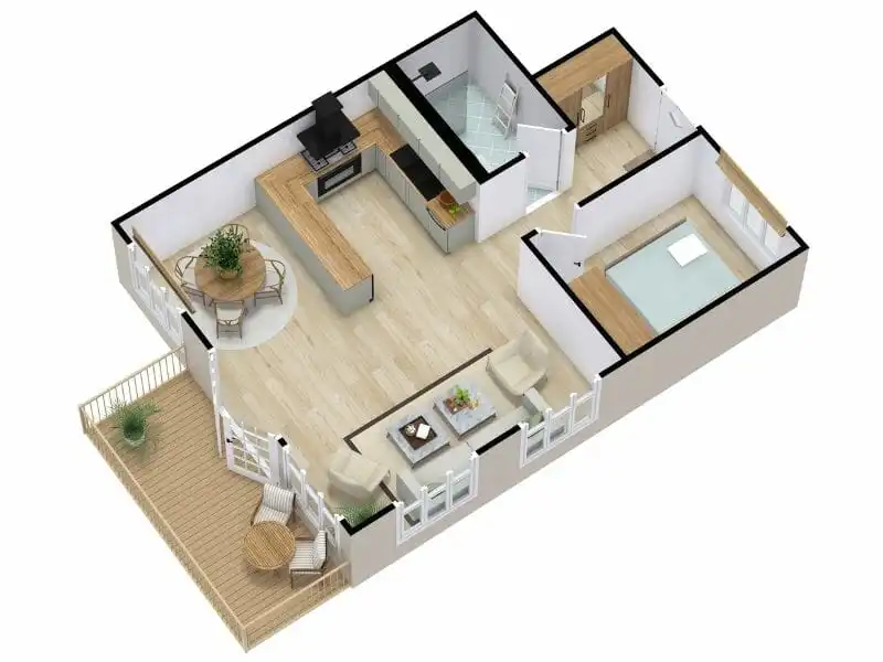 Professional 3D floor plan with a natural color palette.