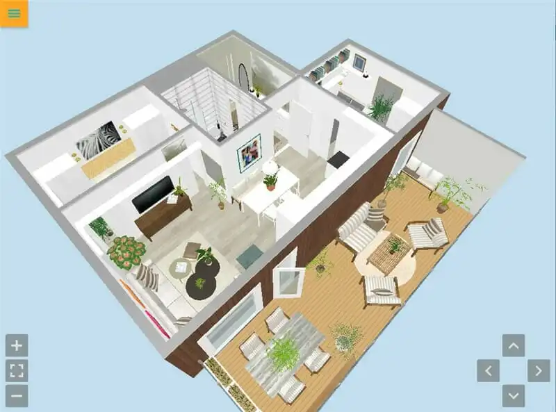 3D flyover view from RoomSketcher's Live 3D feature, showcasing a fully furnished apartment layout. The design includes a living room, dining area, workspace, and bedroom, with a large wraparound terrace furnished with outdoor seating and plants. Navigation arrows and zoom controls are visible, indicating an interactive flythrough experience.