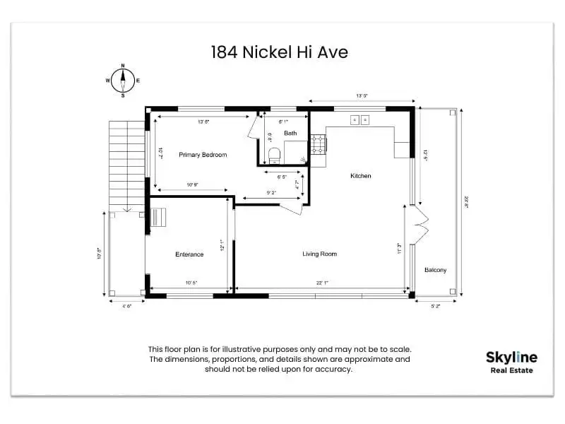 Black and white floor plan on branded letterhead for Skyline Real Estate, showing property layout with company name and logo prominently displayed.