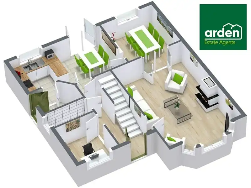 3D floor plan of a modern home interior with open living and dining areas, green-accented furniture, a compact kitchen, central staircase, and multiple rooms arranged around a bright, open layout.