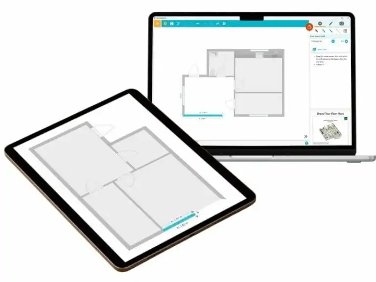 Tablet and laptop showing a floor plan being drawn in the RoomSketcher app, with wall measurements, room outlines, and editing tools visible on screen.
